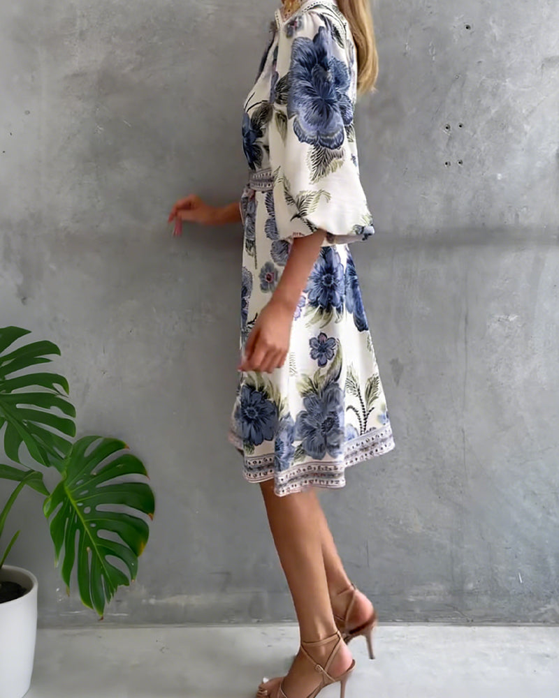 Vestido elegante de flores para mujer con mangas farol y botones