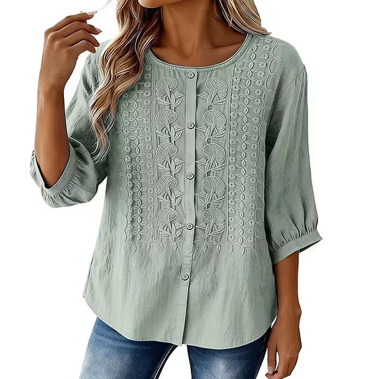 Blusa bordada para mujer de algodón y lino con mangas 3/4
