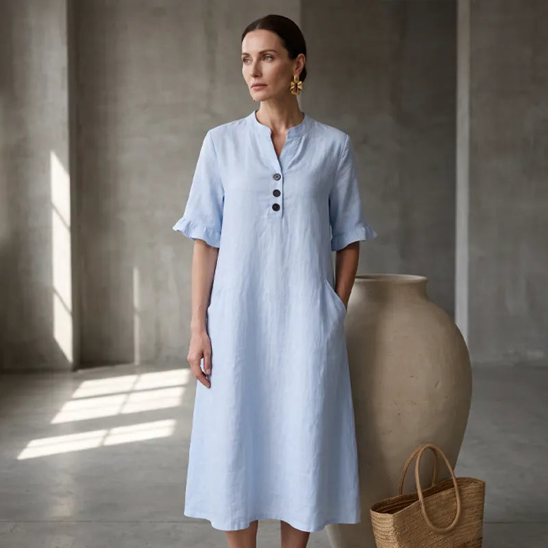 Vestido midi de mujer en algodón y lino con botones y bolsillos