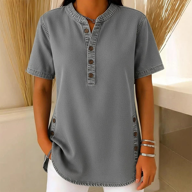 Túnica mujer de denim ligero con cuello en V y botones decorativos