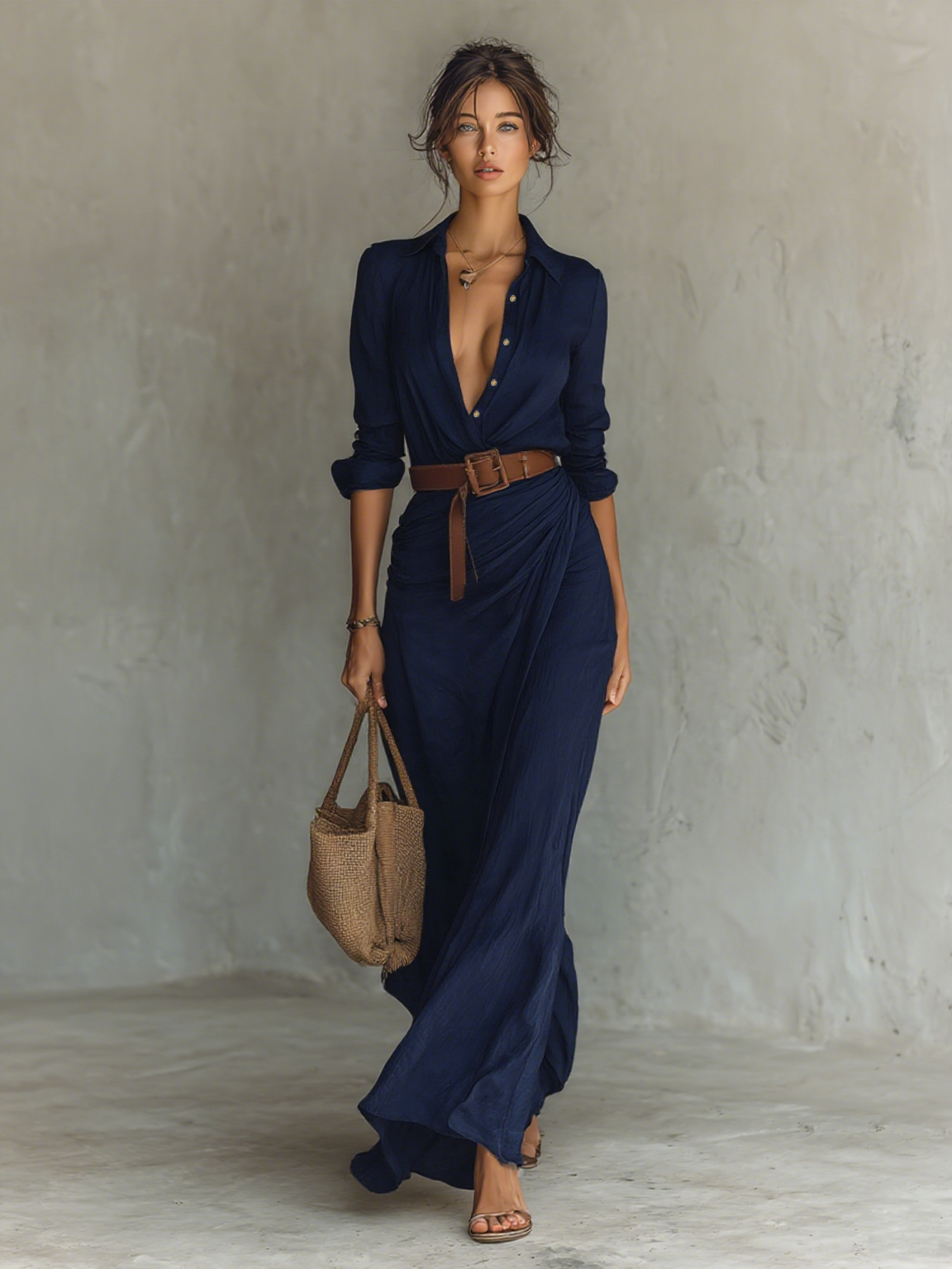 Vestido camisero maxi de mujer con cinturón