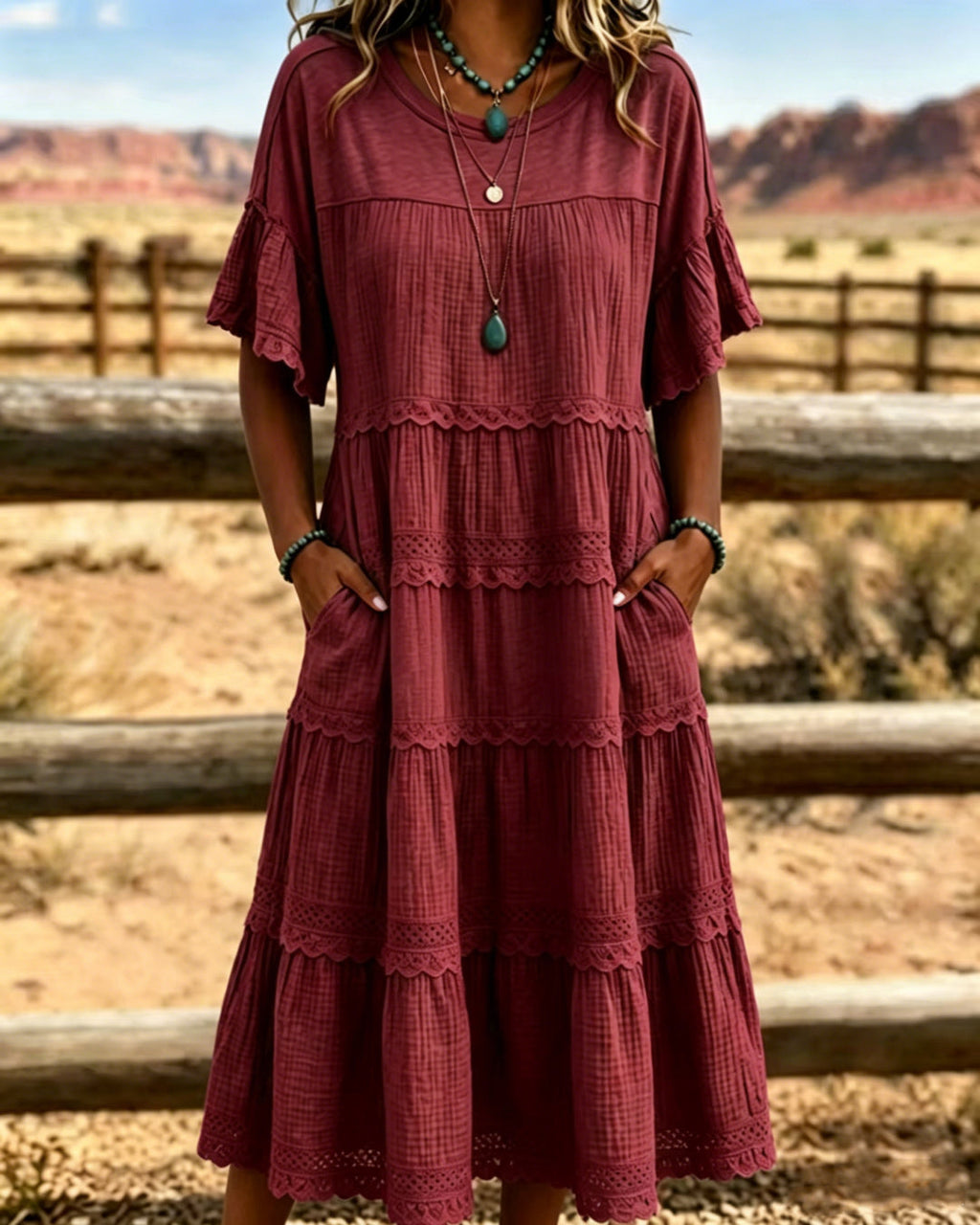 Vestido midi para mujeres de algodón y lino con volantes