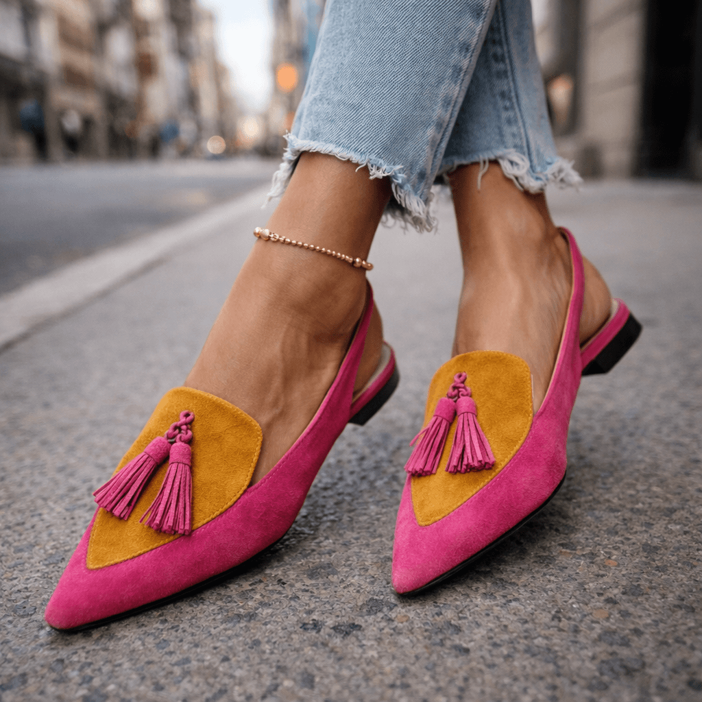 Mules bicolores mujer elegantes con pompones modernos