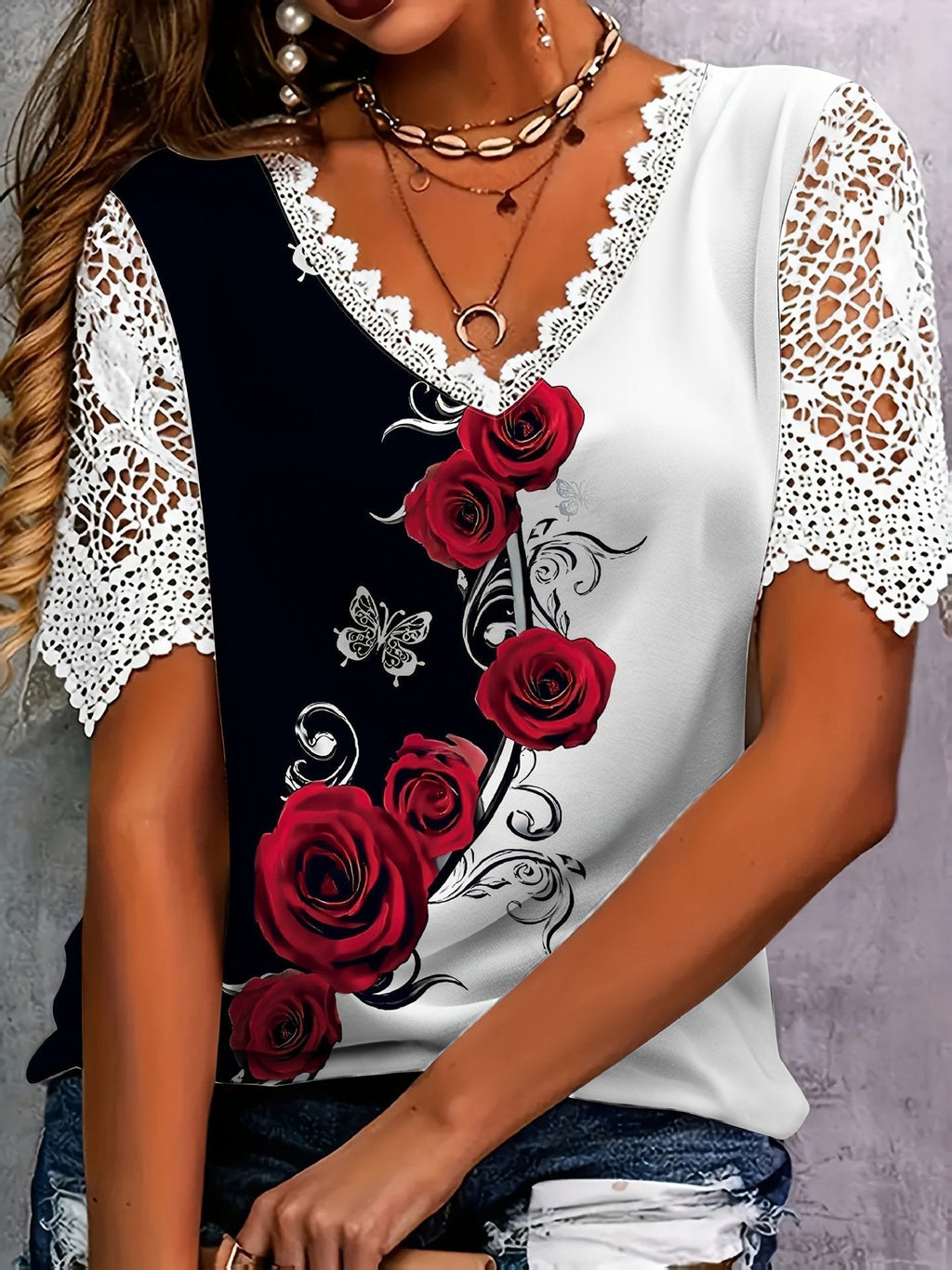 Top de dama con escote en V floral y mangas de encaje