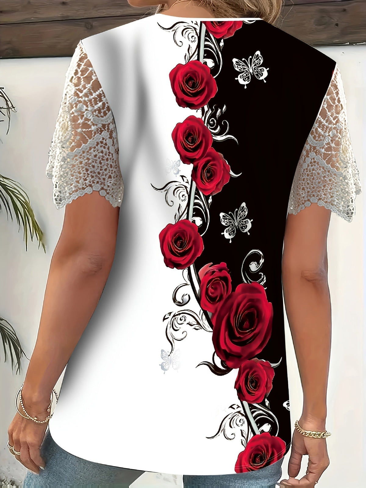 Top de dama con escote en V floral y mangas de encaje