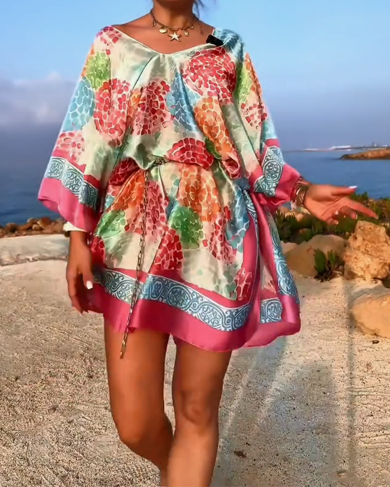 Vestido de playa para mujer con mangas murciélago y estampado colorido