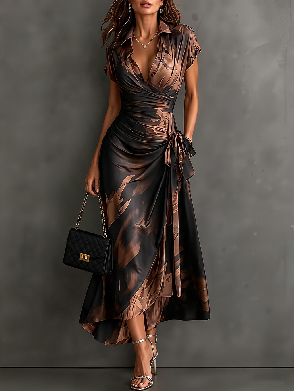 Francesca | Vestido midi cruzado con estampado abstracto, marrón