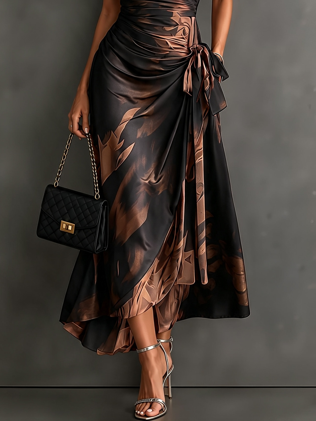 Francesca | Vestido midi cruzado con estampado abstracto, marrón
