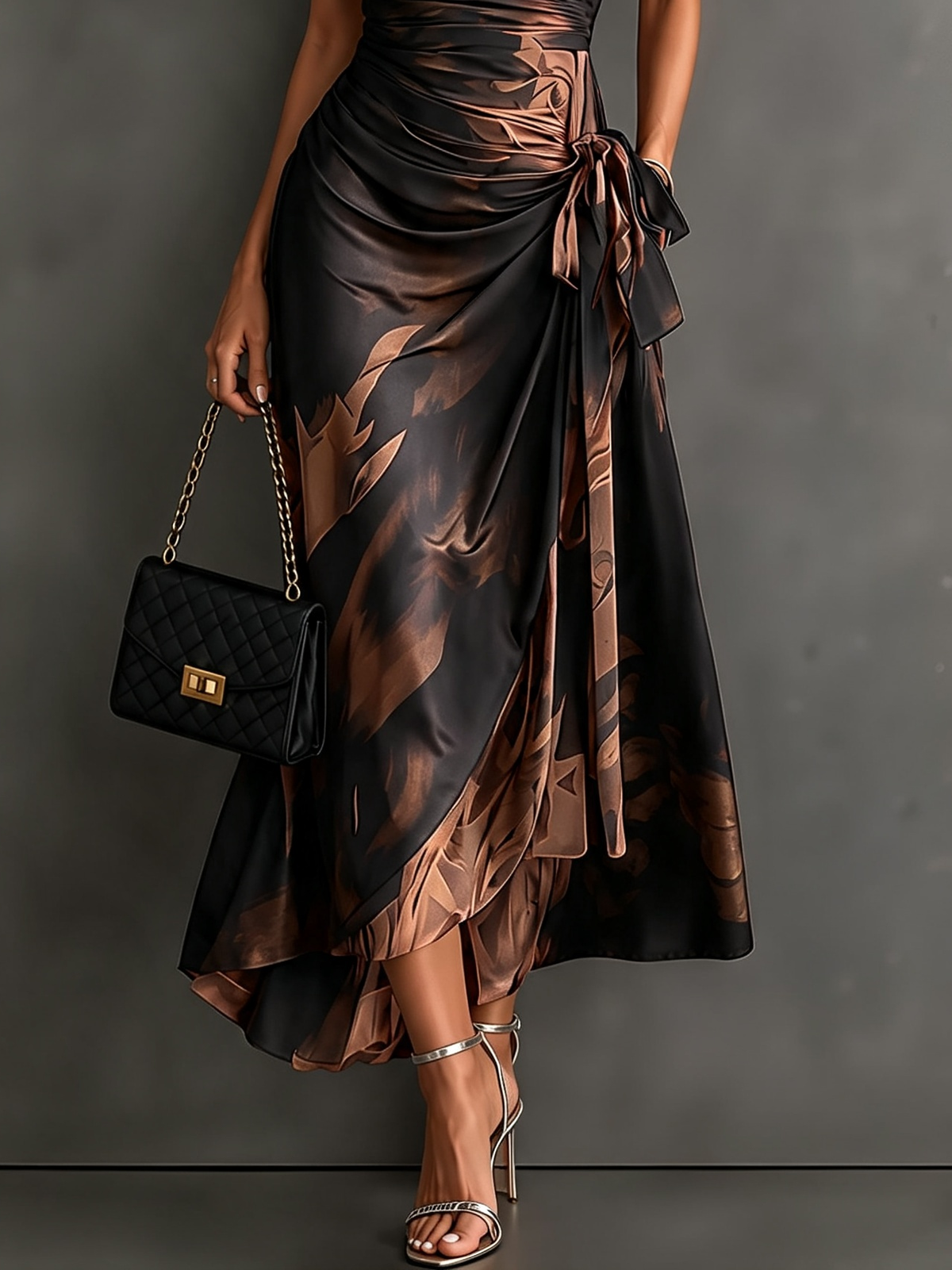 Francesca | Vestido midi cruzado con estampado abstracto, marrón