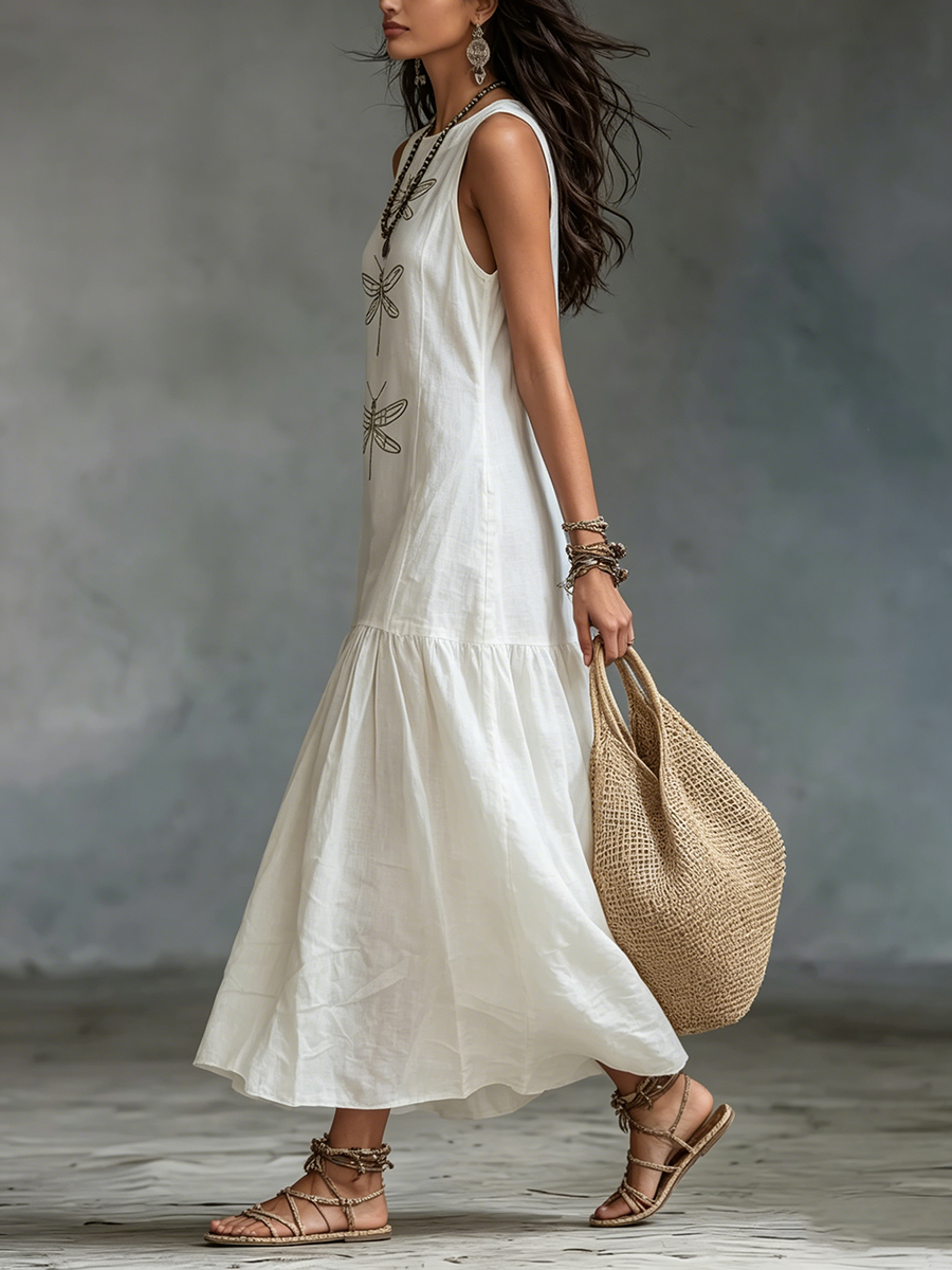 Vestido largo de algodón y lino con bordado de libélulas