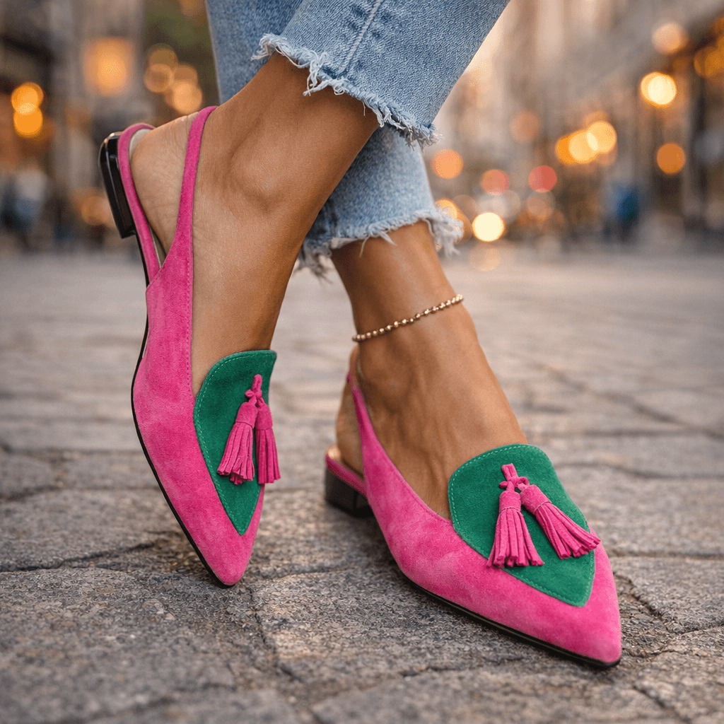 Mules bicolores mujer elegantes con pompones modernos