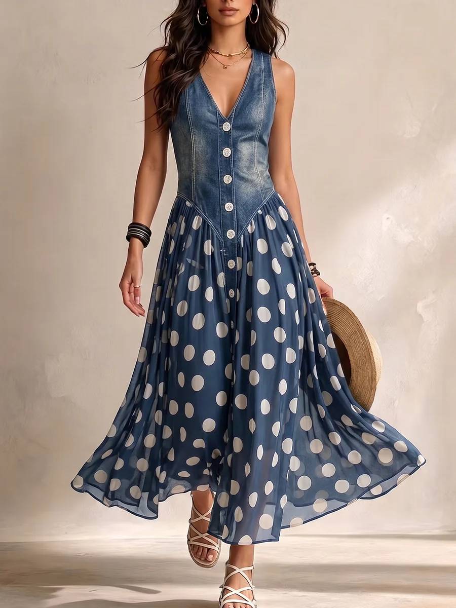 Vestido largo mujer algodón efecto denim con falda de lunares