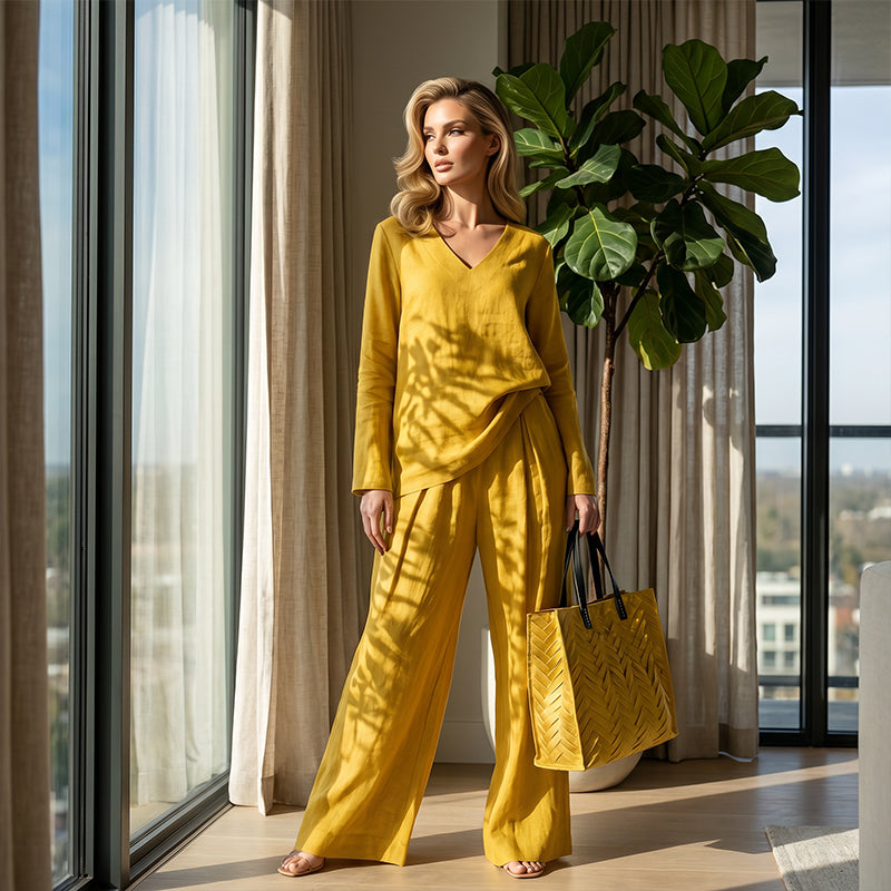 Conjunto mujer fluido con escote en V y pantalón ancho elegante