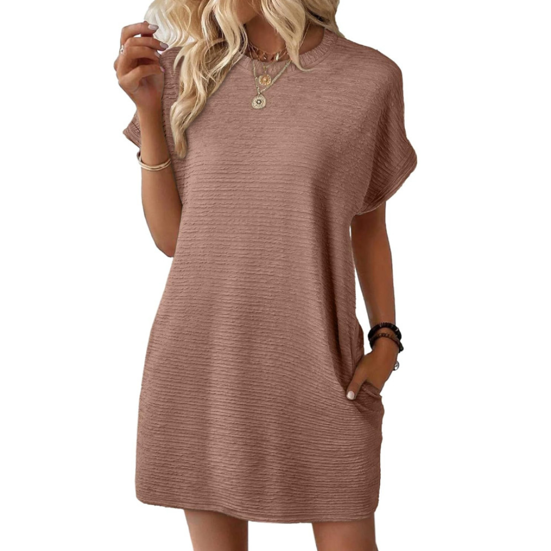 Vestido corto para mujer con cuello redondo y bolsillos laterales