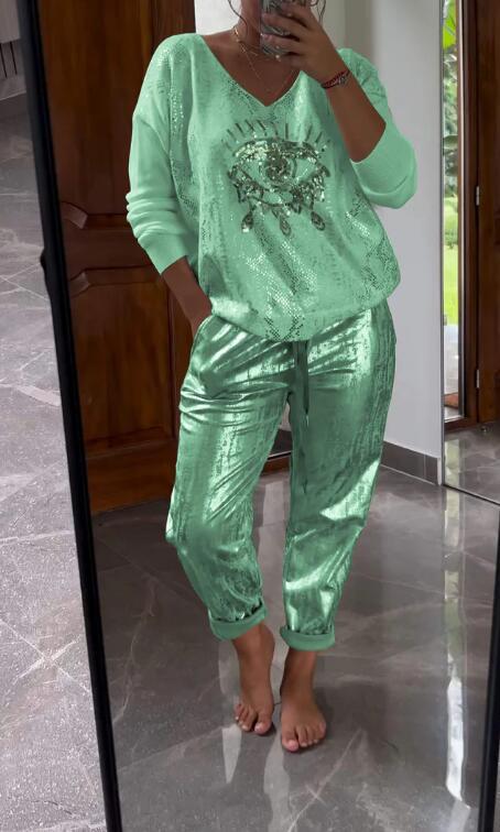 Conjunto mujer chic brillante escote V elegante