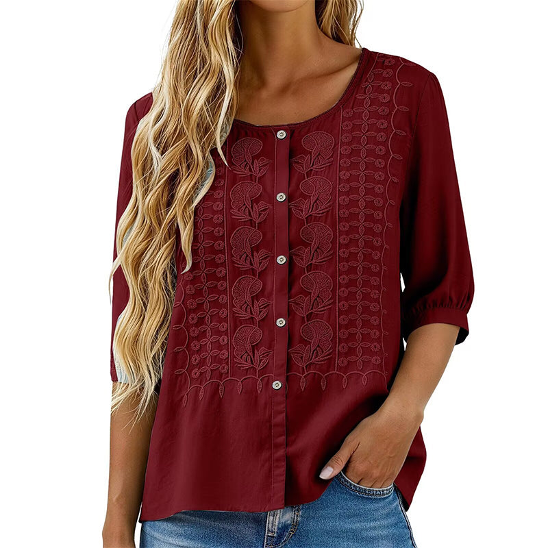 Blusa bordada para mujer de algodón y lino con mangas 3/4