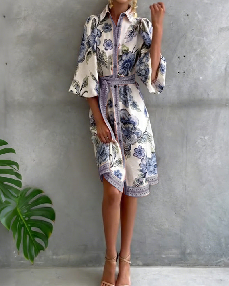 Vestido elegante de flores para mujer con mangas farol y botones