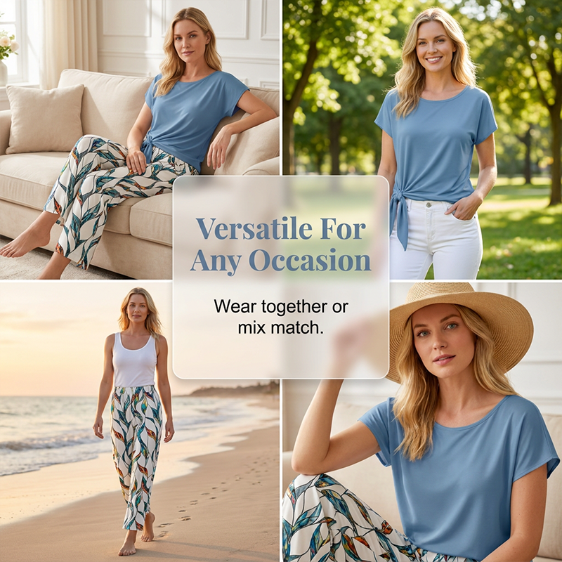 Conjunto mujer casual con top anudado y pantalón estampado