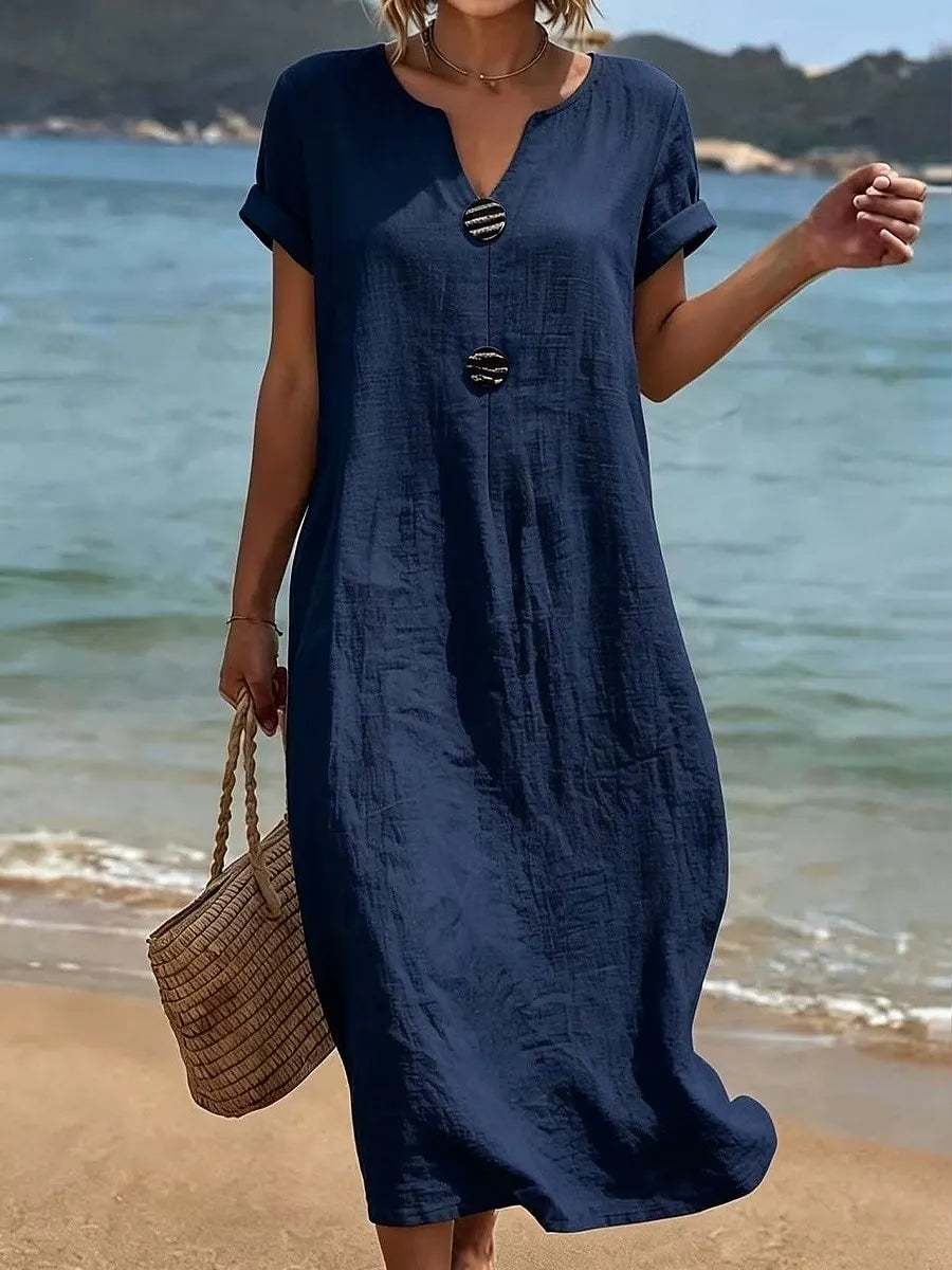 Vestido largo mujer efecto lino con botones y manga corta verano
