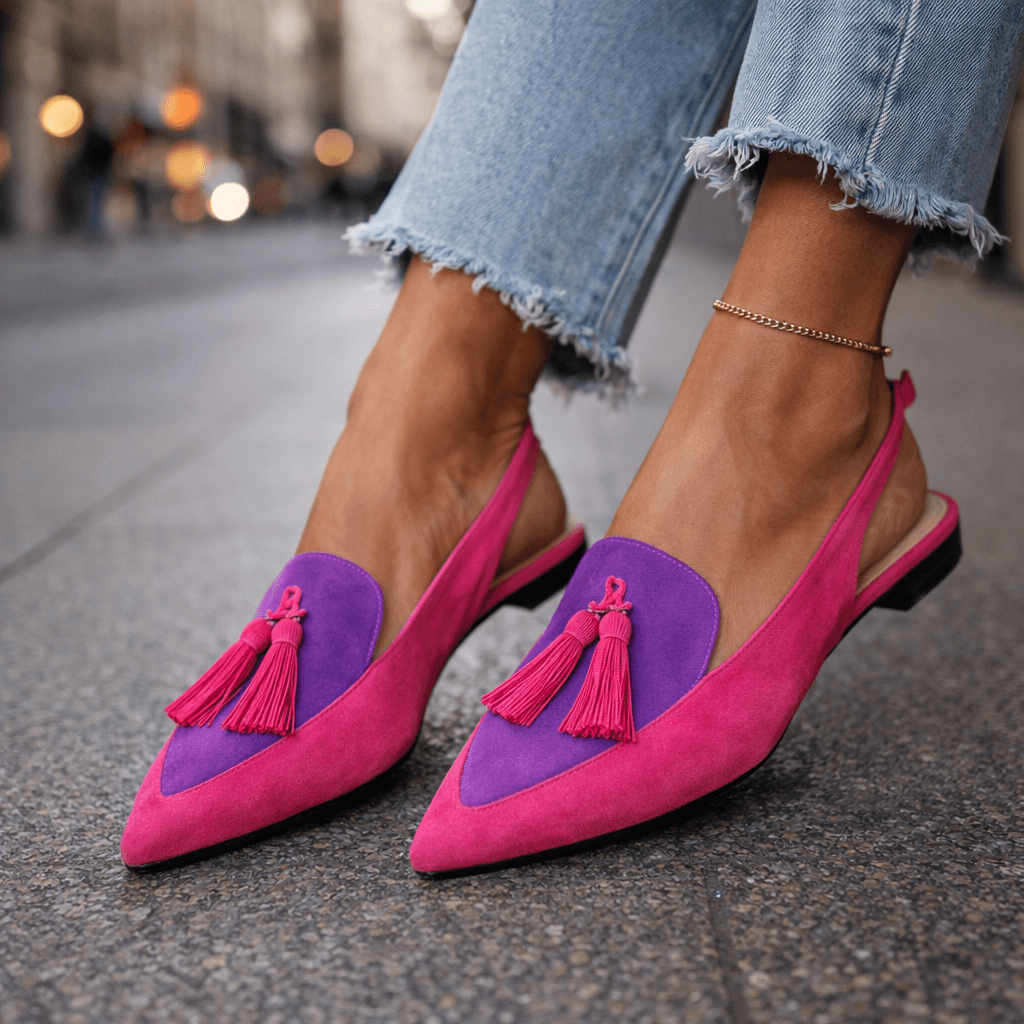 Mules bicolores mujer elegantes con pompones modernos