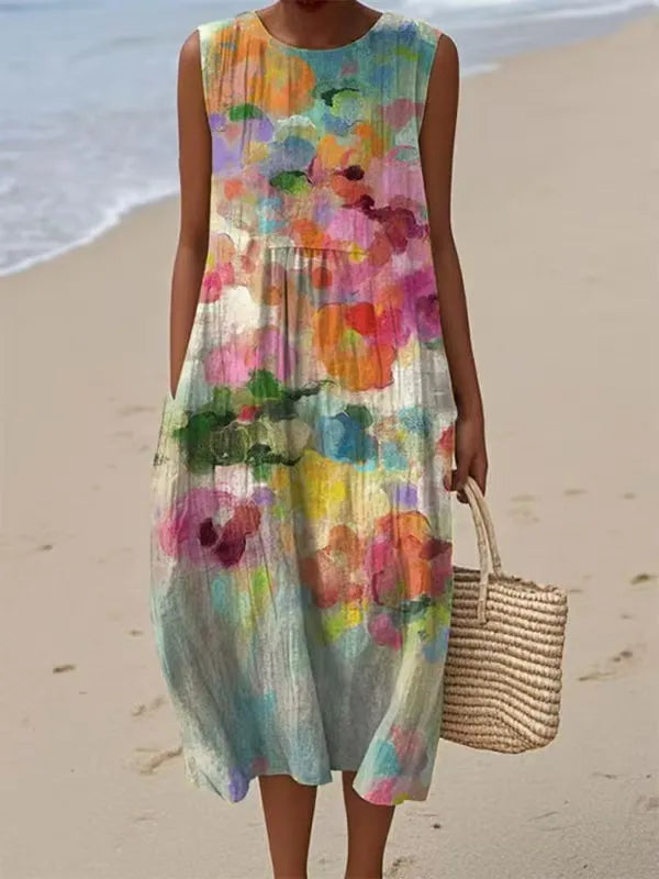 Vestido midi sin mangas para mujer con estampado floral multicolor
