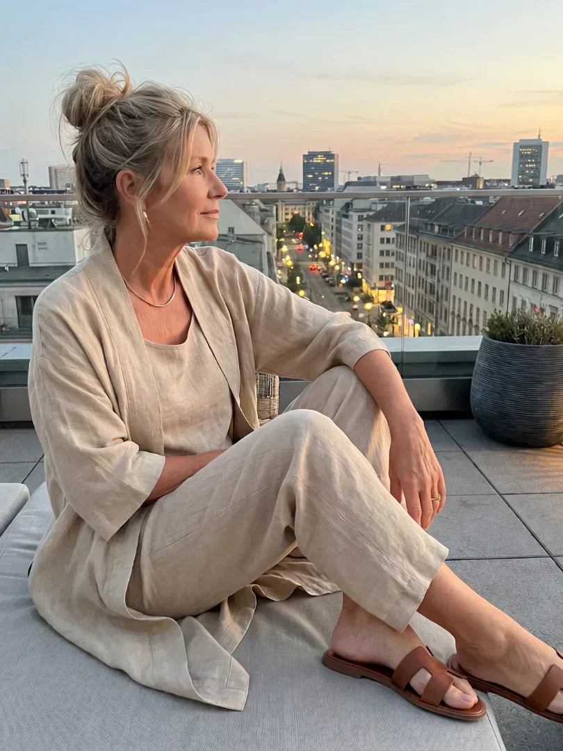 Vestido largo para mujer con conjunto de tres piezas y pantalón amplio