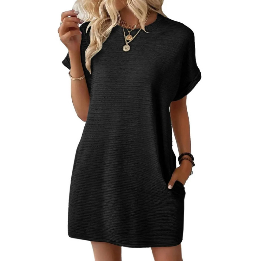 Vestido corto para mujer con cuello redondo y bolsillos laterales