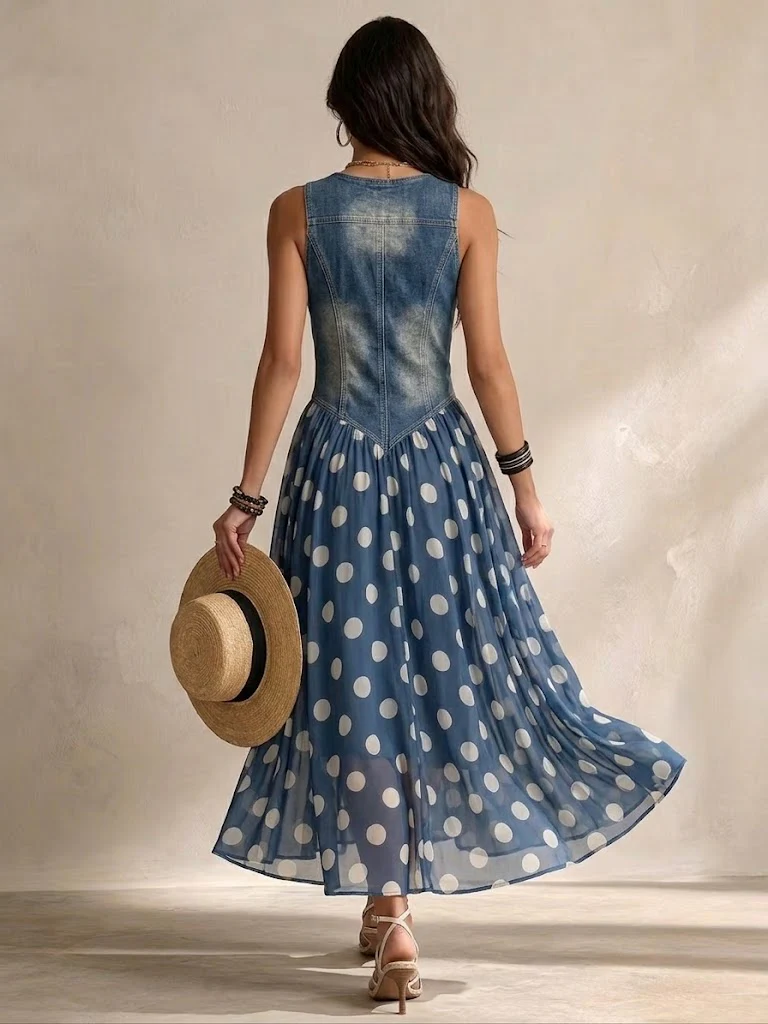 Vestido largo mujer algodón efecto denim con falda de lunares