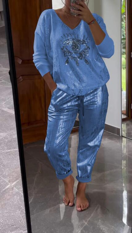 Conjunto mujer chic brillante escote V elegante
