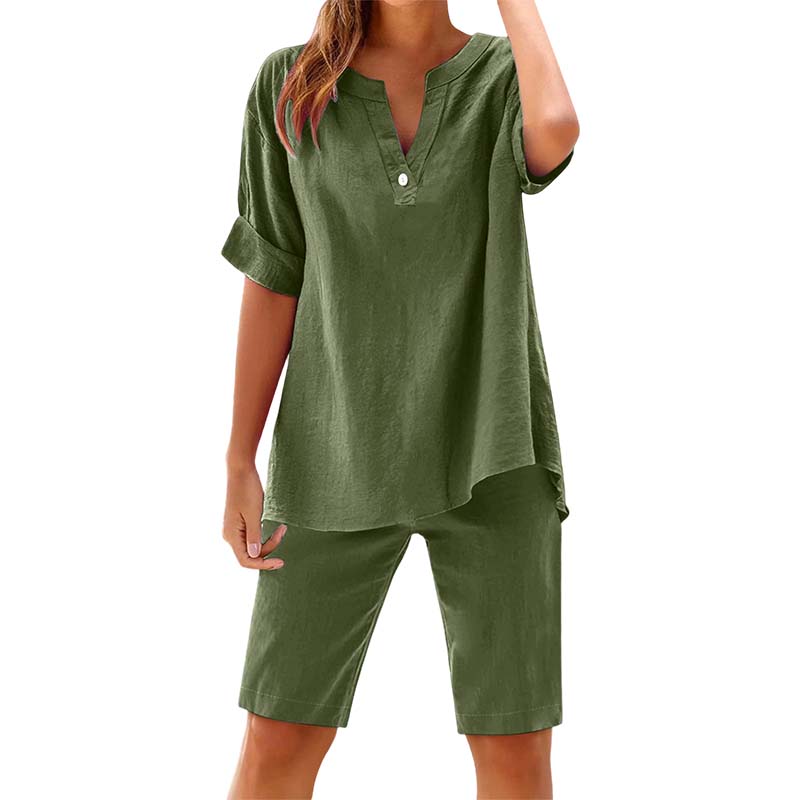 Conjunto de mujer de lino transpirable con blusa de cuello en V y pantalón corto