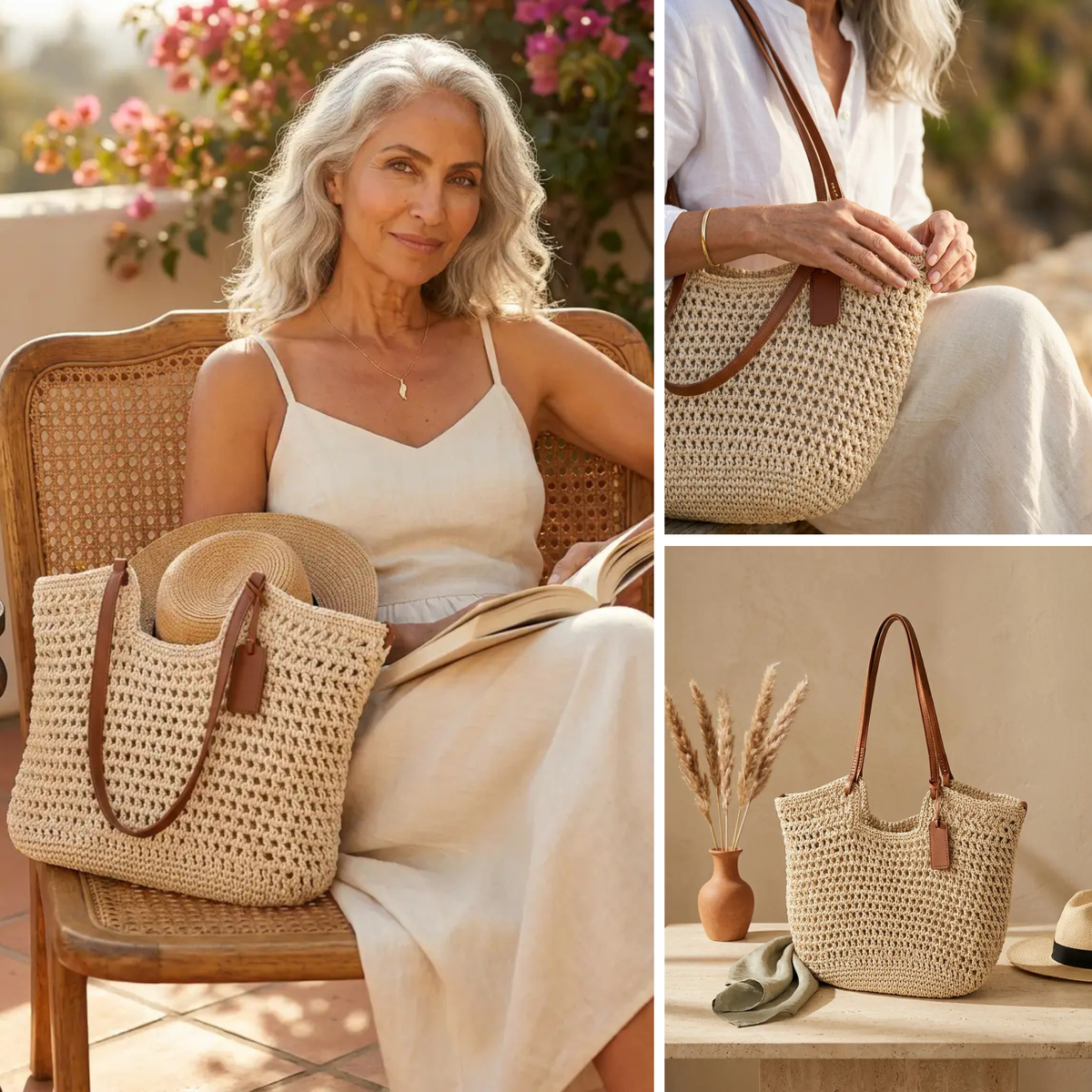 Alina | Bolso Shopper Tejido a Mano de Ganchillo — Beige Claro
