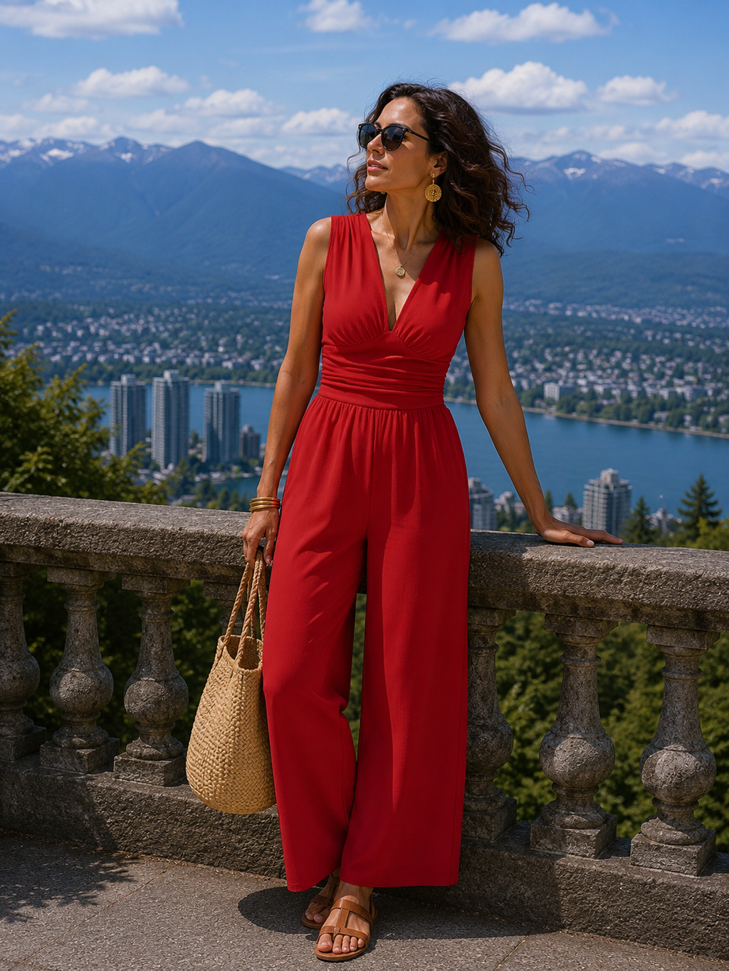 Mono mujer elegante de pierna ancha con escote profundo en V