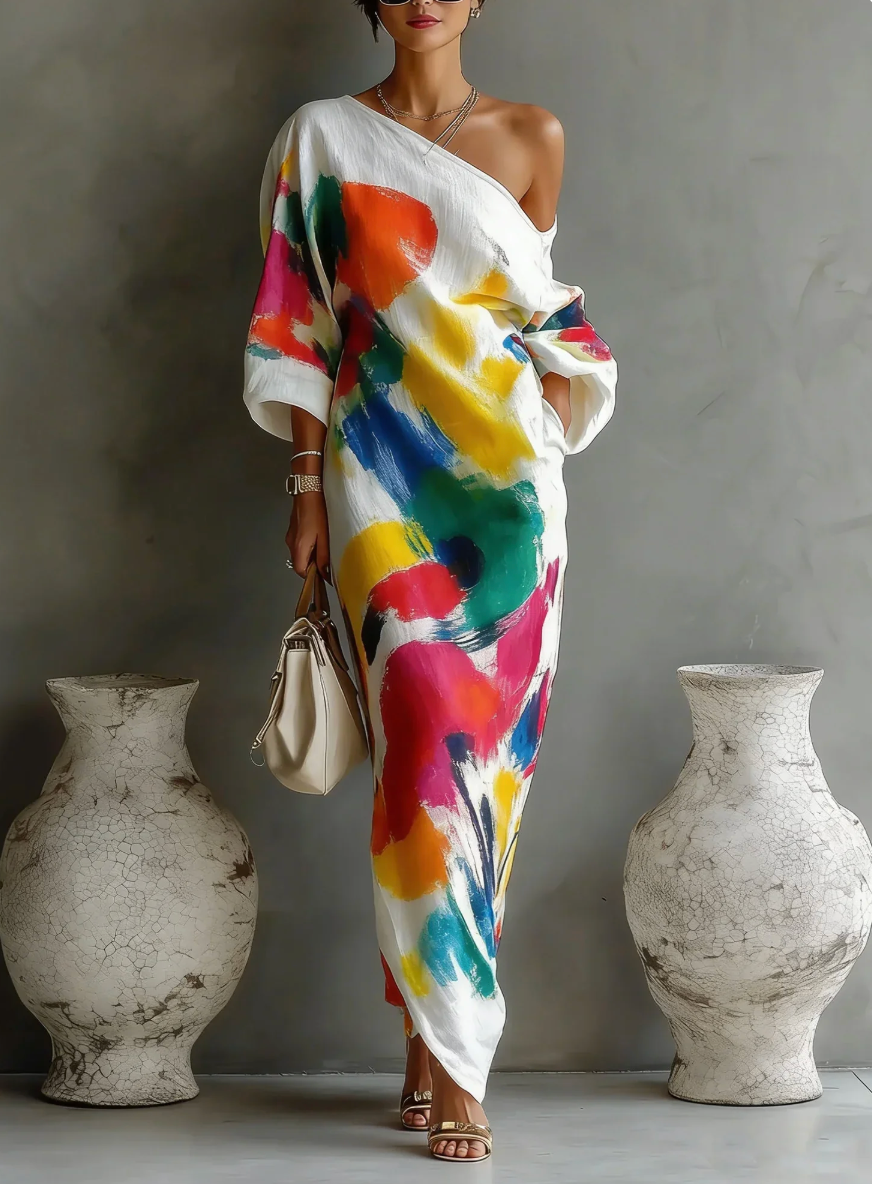 Vestido mujer asimétrico con estampado artístico colorido