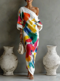 Vestido mujer asimétrico con estampado artístico colorido