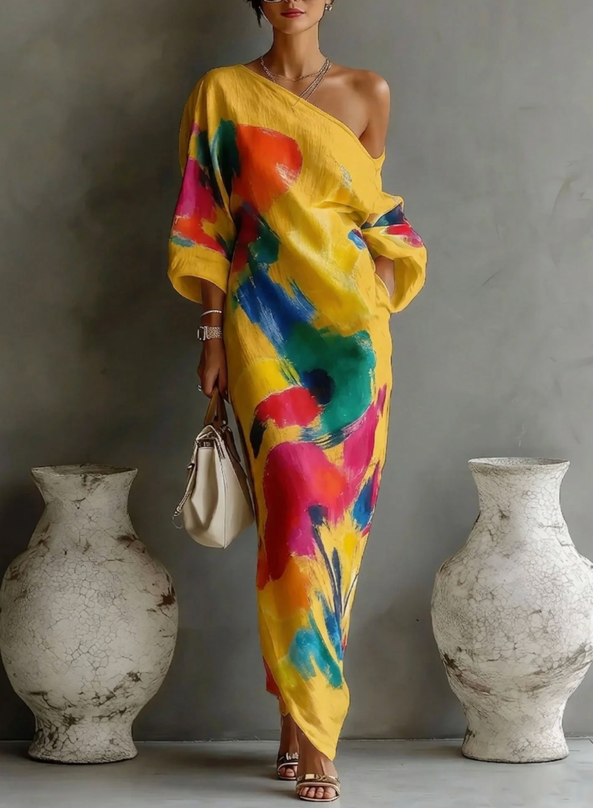 Vestido mujer asimétrico con estampado artístico colorido