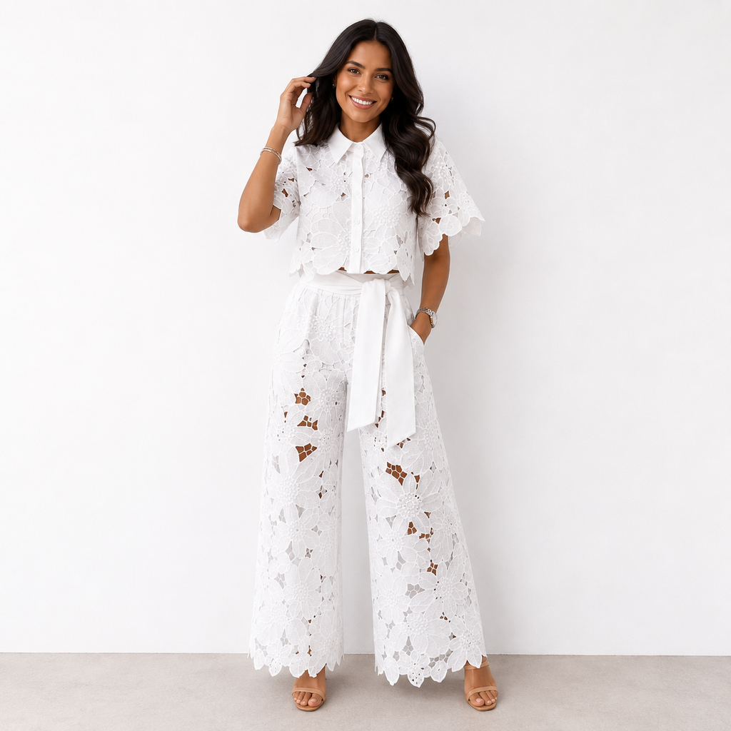 Conjunto elegante para mujer con detalles florales calados