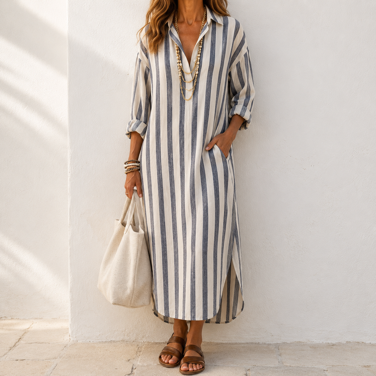 Vestido midi para mujer con rayas verticales y cuello camisero
