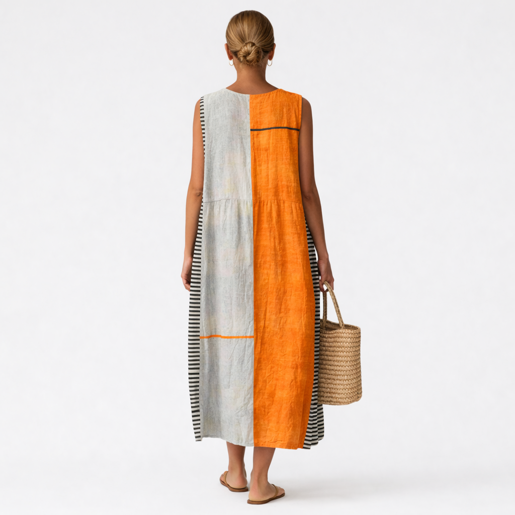 Vestido midi mujer algodón viscosa color block sin mangas
