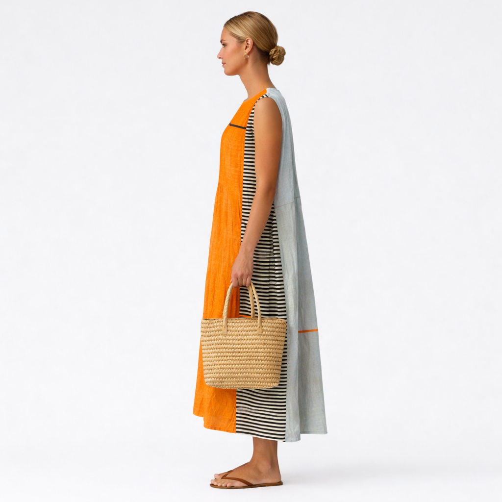 Vestido midi mujer algodón viscosa color block sin mangas