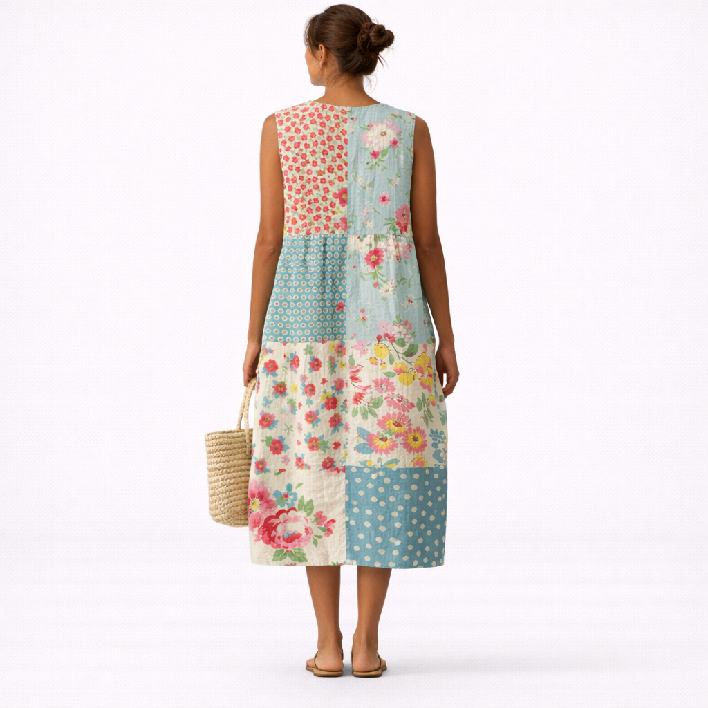 Vestido midi mujer algodón viscosa patchwork floral sin mangas