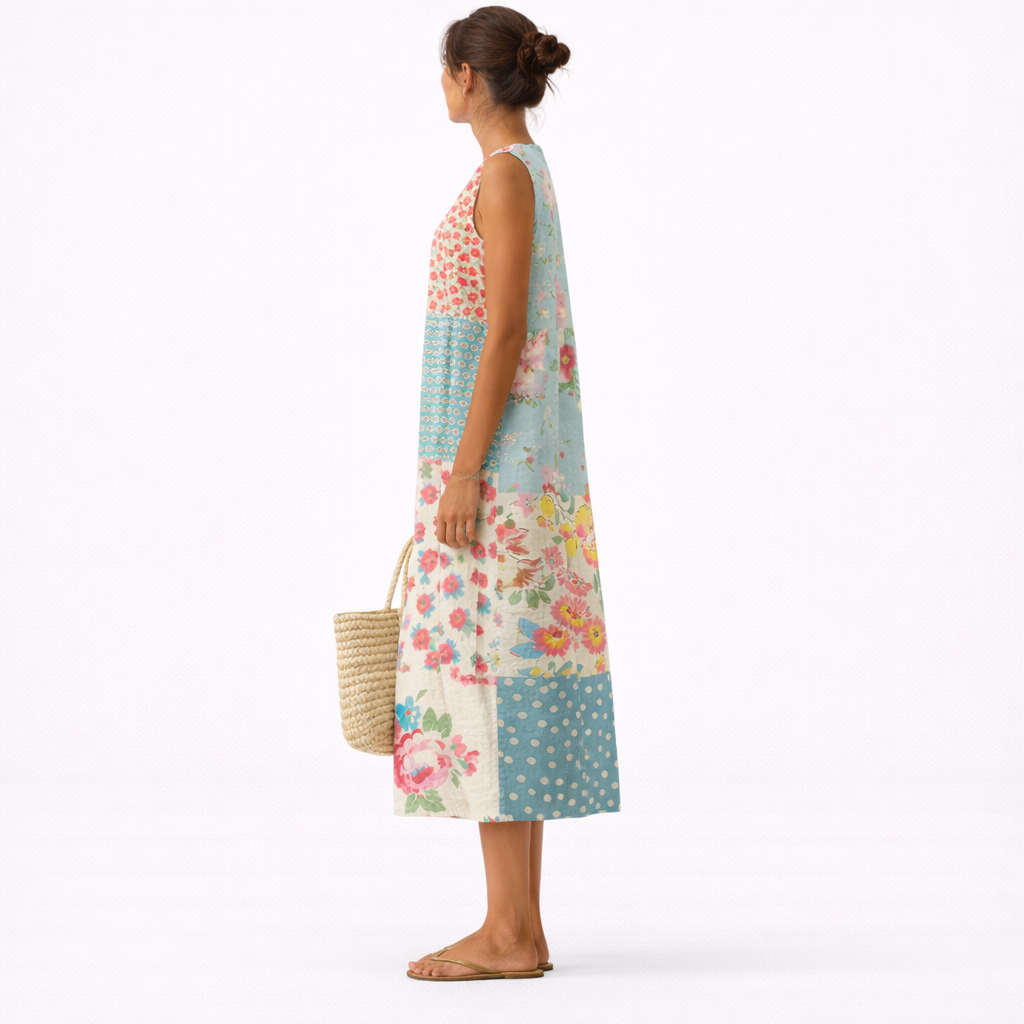 Vestido midi mujer algodón viscosa patchwork floral sin mangas