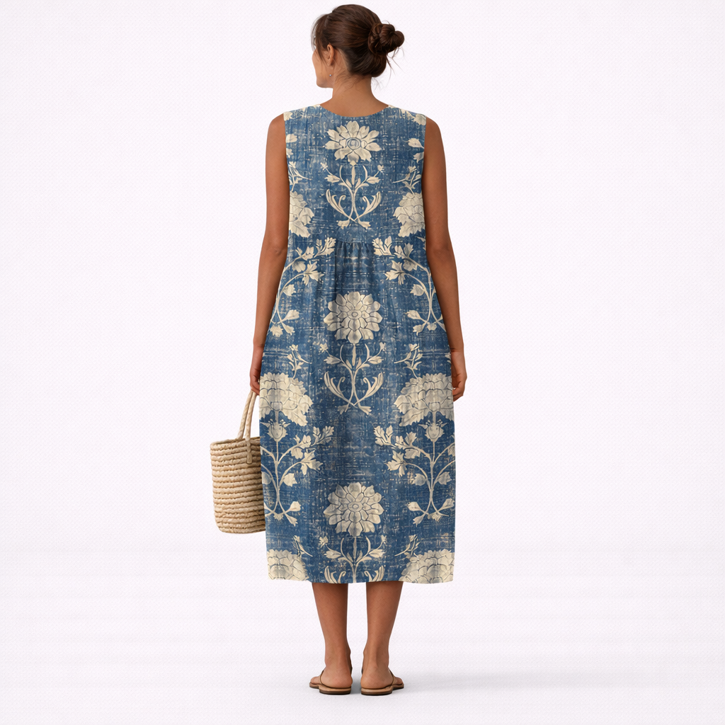 Vestido midi mujer algodón viscosa floral sin mangas casual