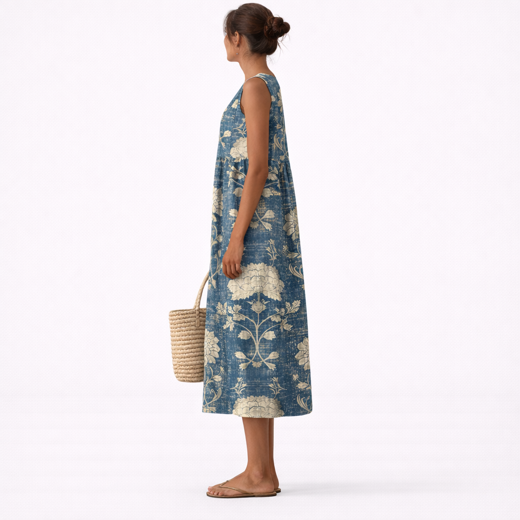 Vestido midi mujer algodón viscosa floral sin mangas casual