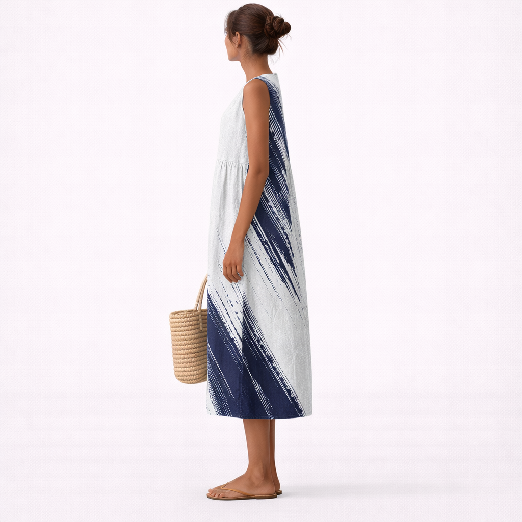 Vestido midi mujer algodón viscosa estampado abstracto sin mangas