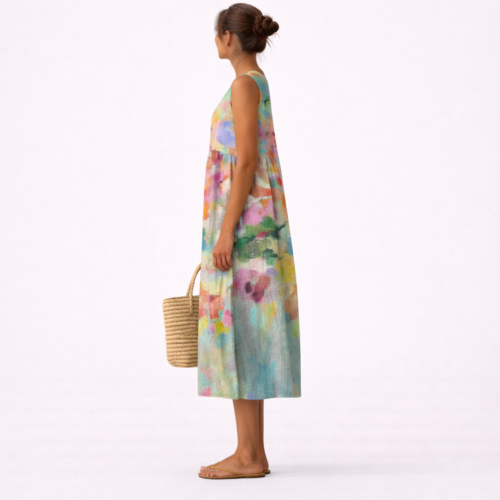 Vestido midi mujer sin mangas estampado multicolor con bolsillos
