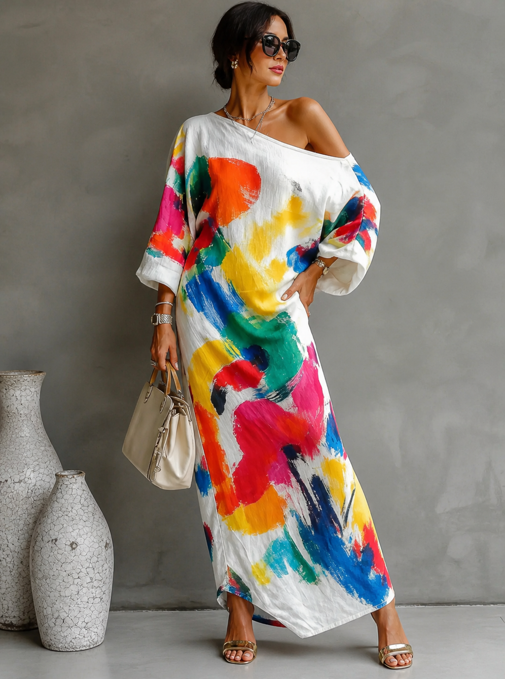 Vestido mujer asimétrico con estampado artístico colorido