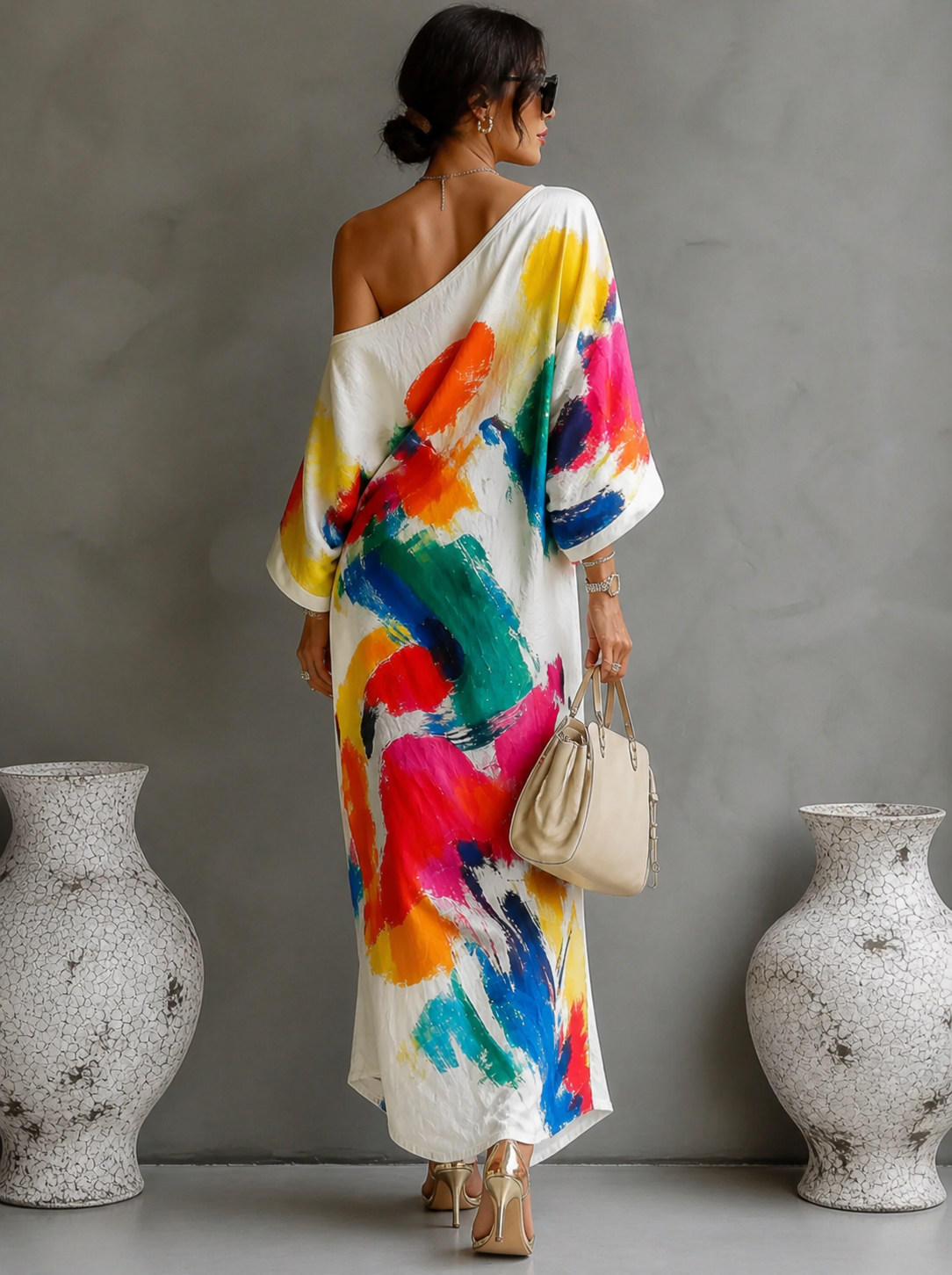 Vestido mujer asimétrico con estampado artístico colorido