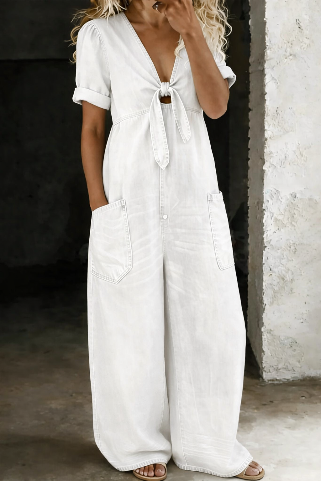 Mono denim para mujer con piernas anchas y corte fluido