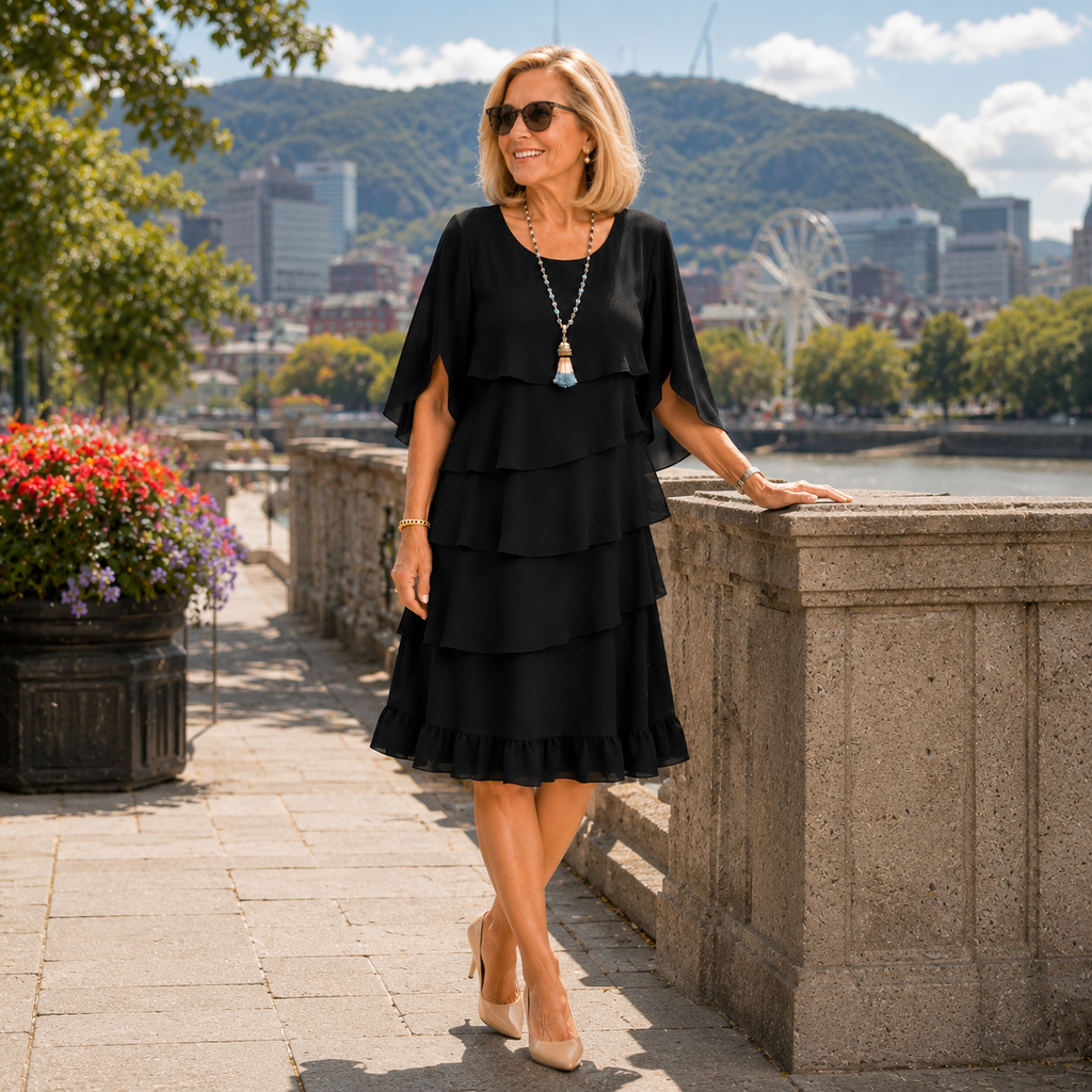 Vestido mujer elegante con volantes en capas y manga fluida