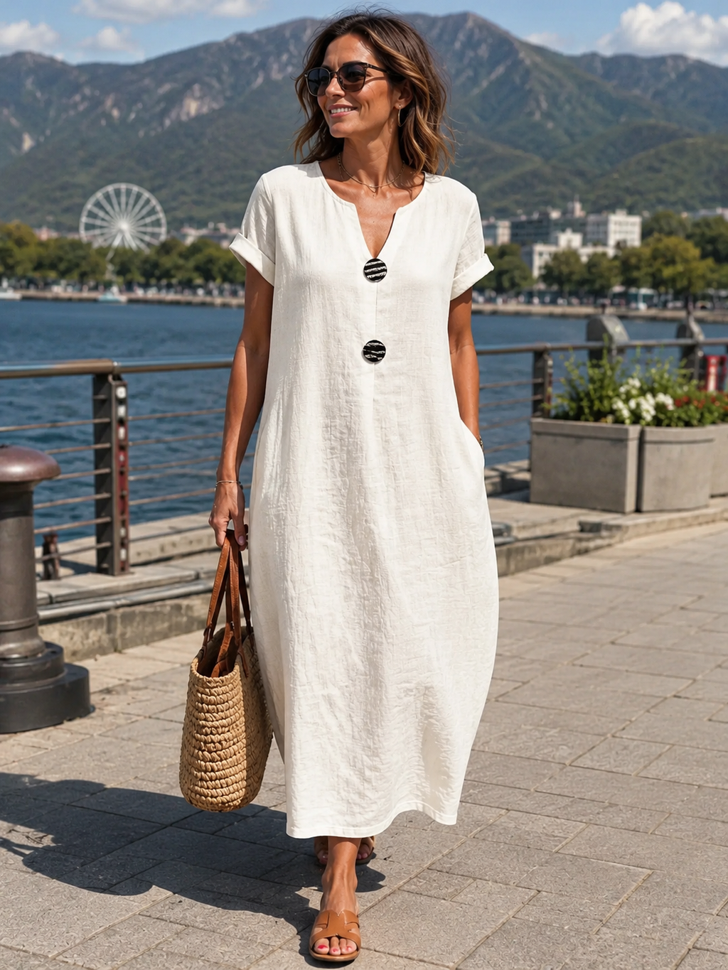 Vestido largo mujer efecto lino con botones y manga corta verano